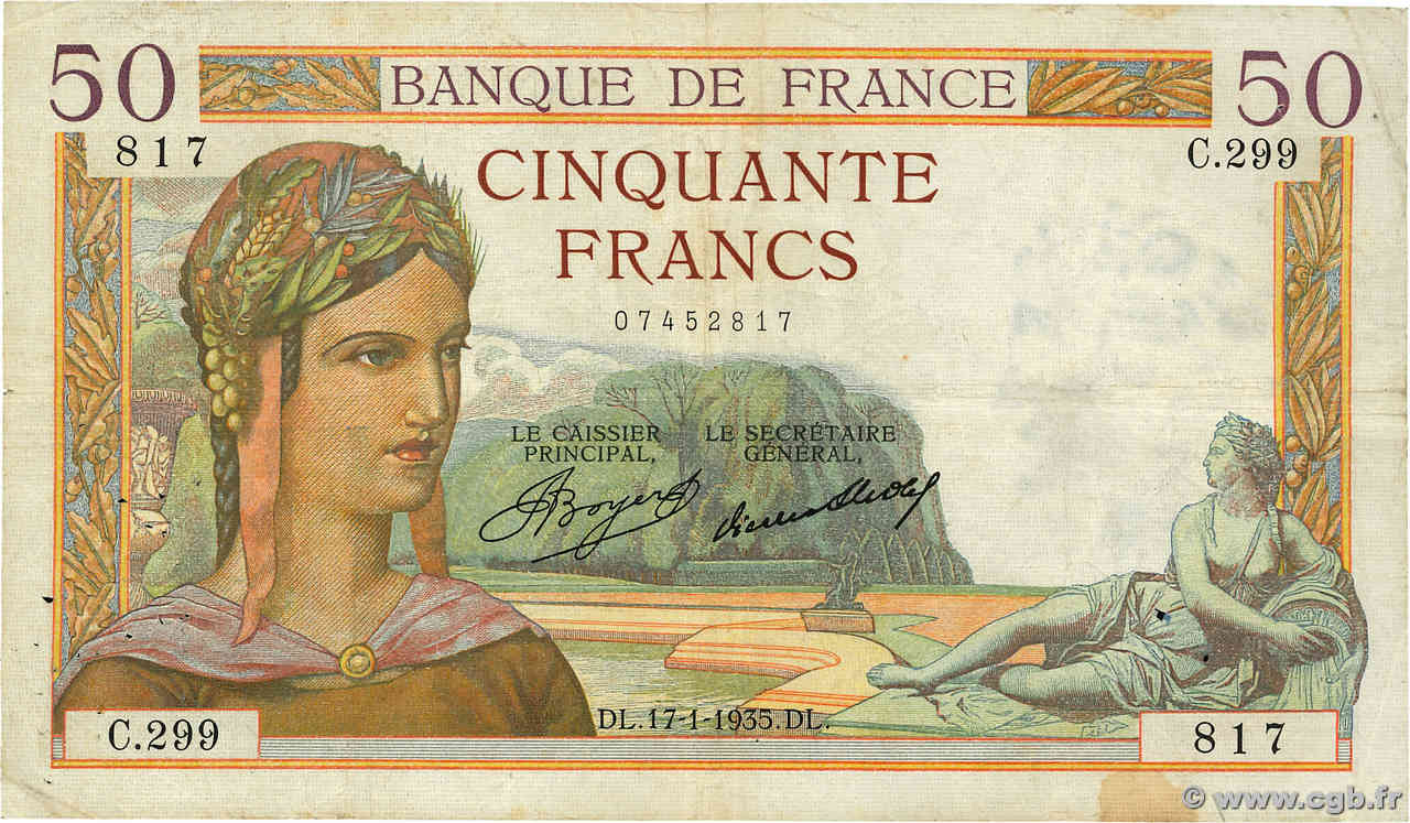 50 Francs CÉRÈS FRANKREICH  1935 F.17.03 fSS