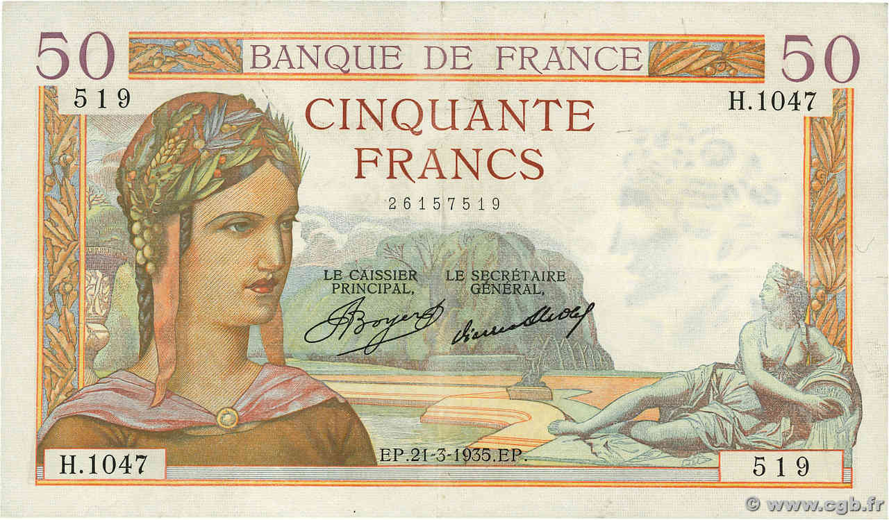 50 Francs CÉRÈS FRANCIA  1935 F.17.06 q.SPL