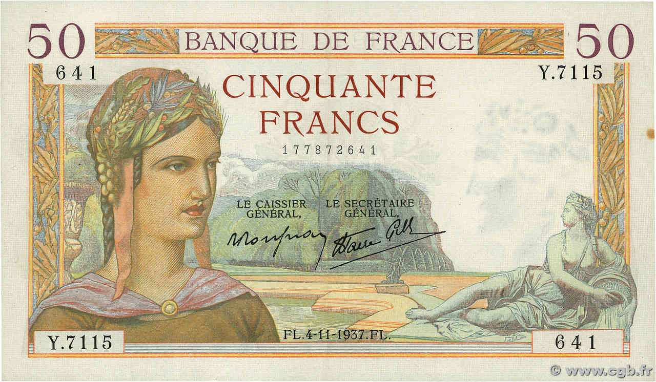 50 Francs CÉRÈS modifié FRANKREICH  1937 F.18.04 VZ