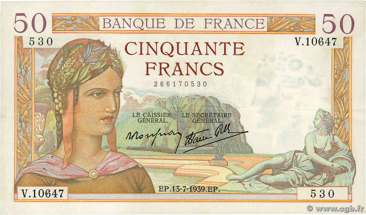 50 Francs CÉRÈS modifié FRANCIA  1939 F.18.28 MBC+