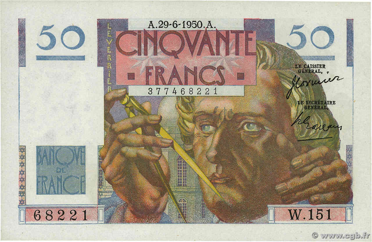 50 Francs LE VERRIER FRANKREICH  1950 F.20.15 fST+