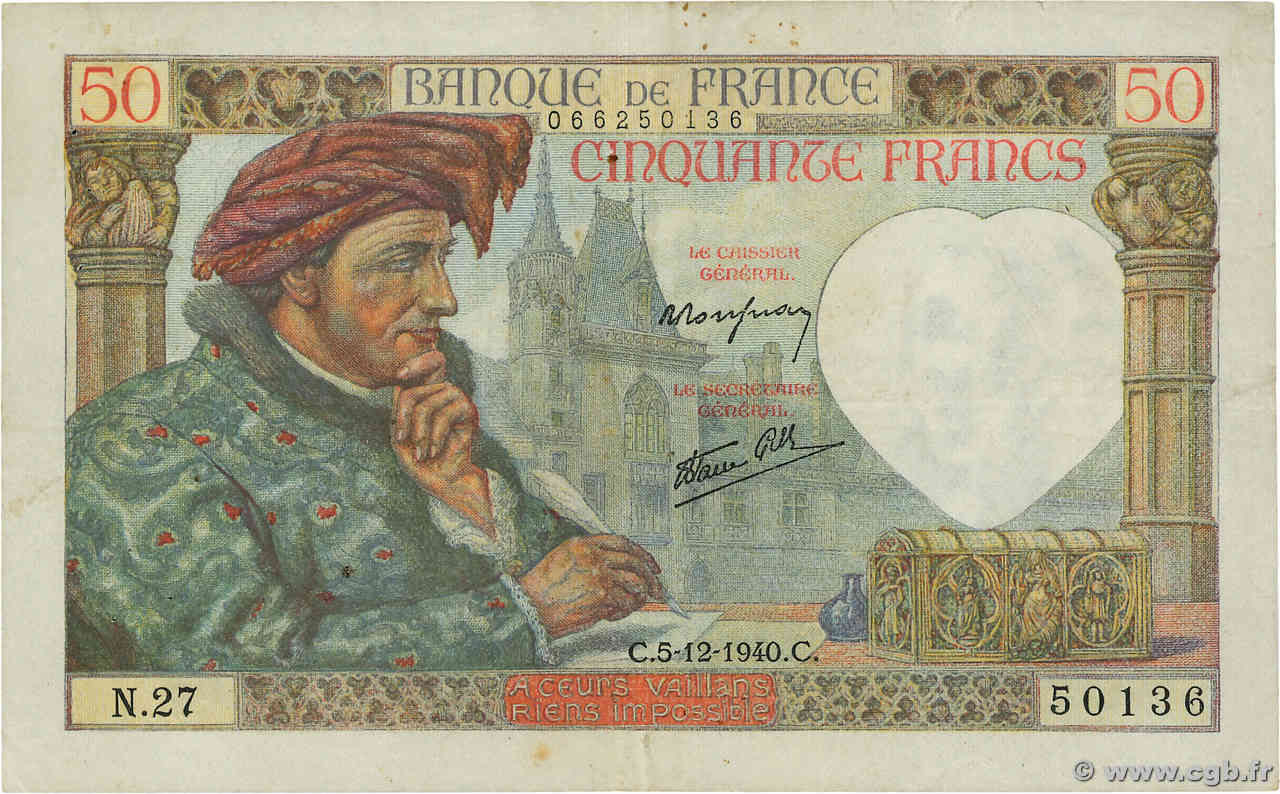 50 Francs JACQUES CŒUR FRANCE  1940 F.19.04 TTB+