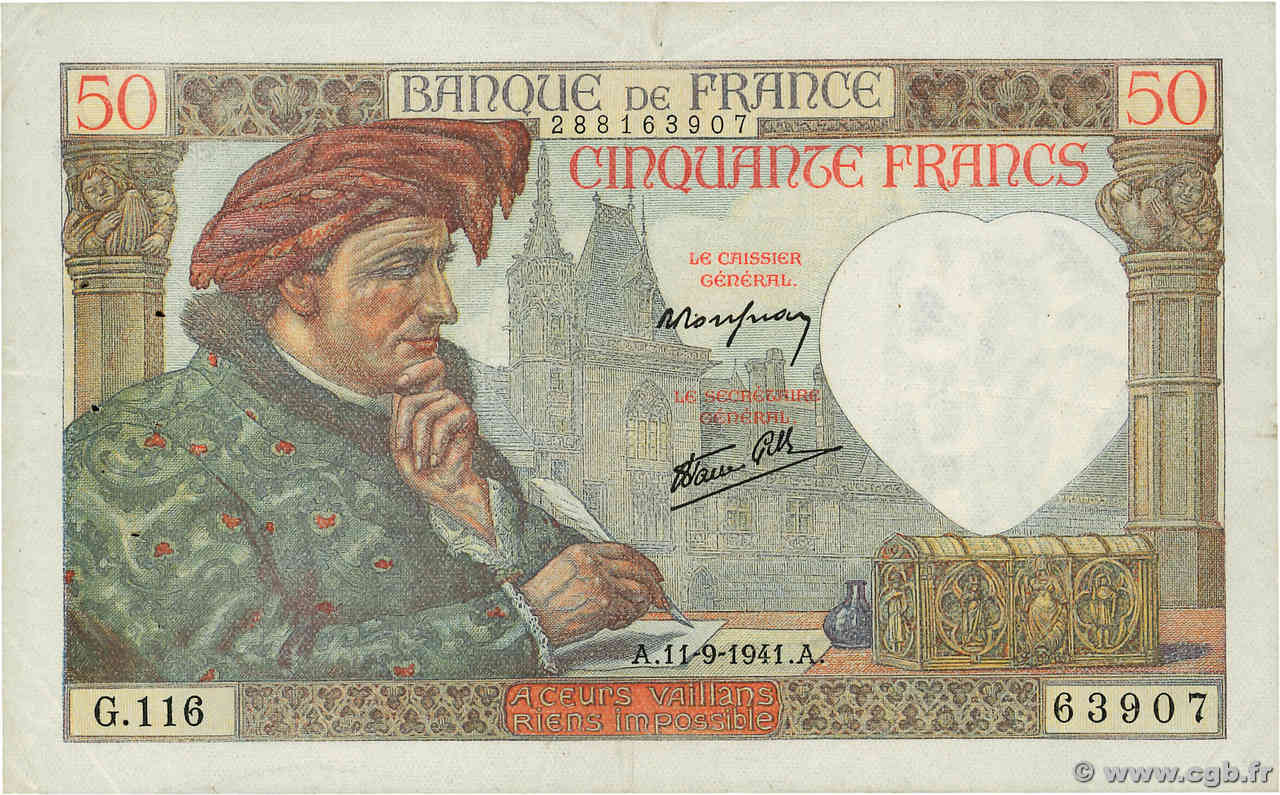 50 Francs JACQUES CŒUR FRANCE  1941 F.19.14 TTB+