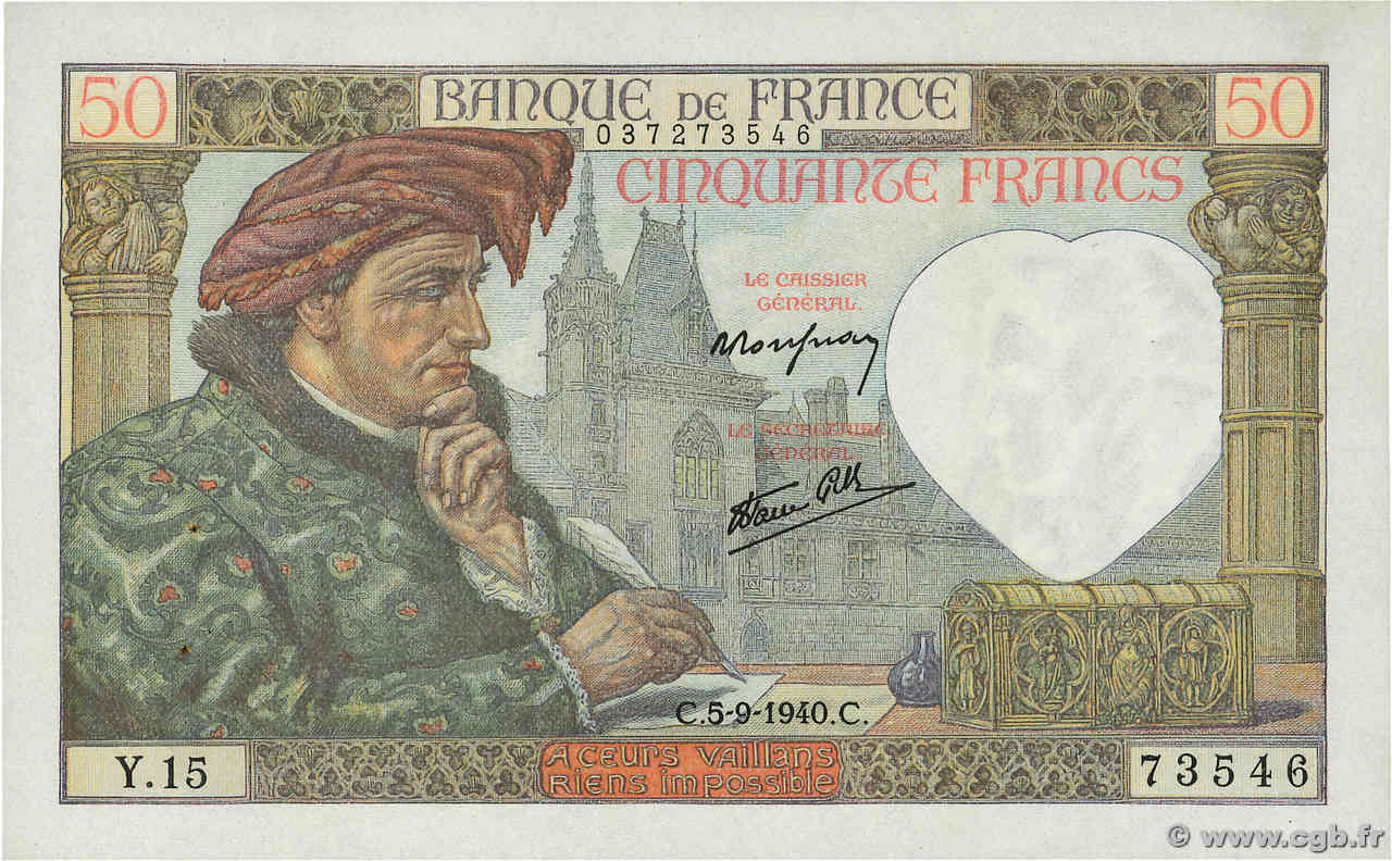 50 Francs JACQUES CŒUR FRANCE  1940 F.19.02 XF+