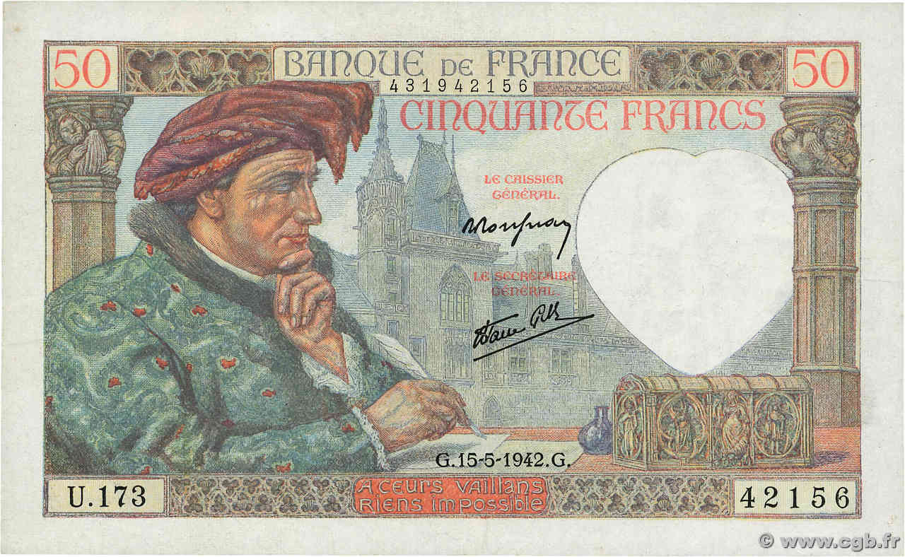 50 Francs JACQUES CŒUR FRANKREICH  1942 F.19.20 VZ