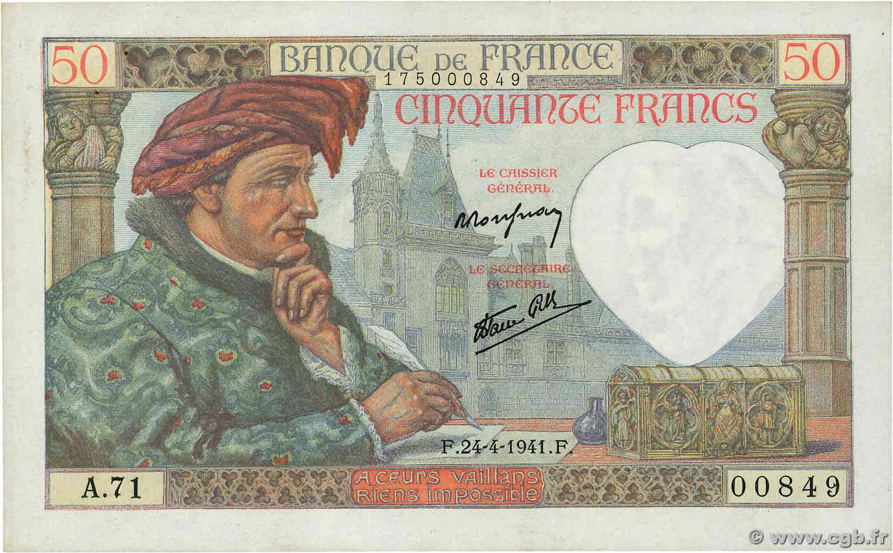 50 Francs JACQUES CŒUR FRANKREICH  1941 F.19.09 VZ