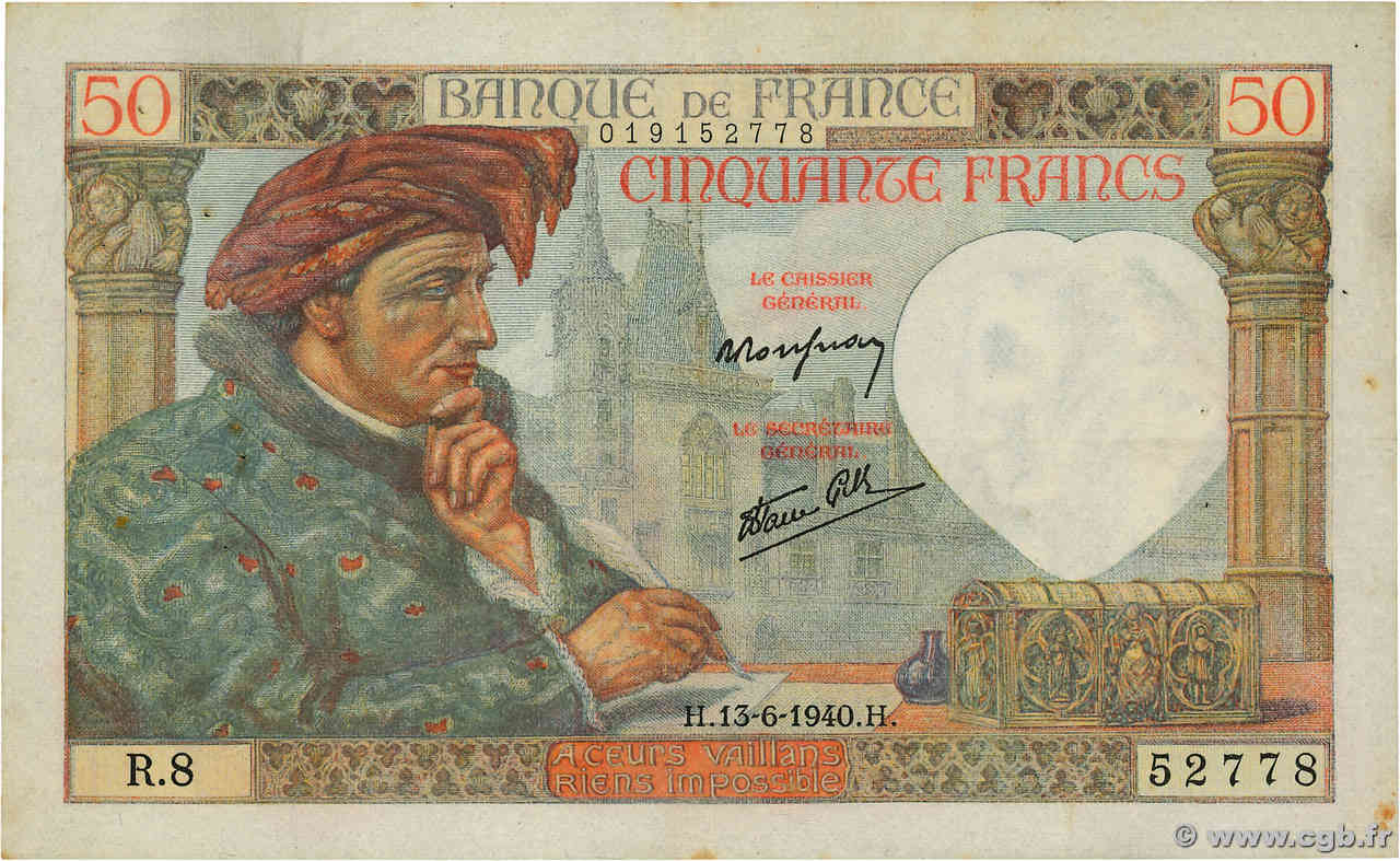 50 Francs JACQUES CŒUR FRANCE  1940 F.19.01 VF