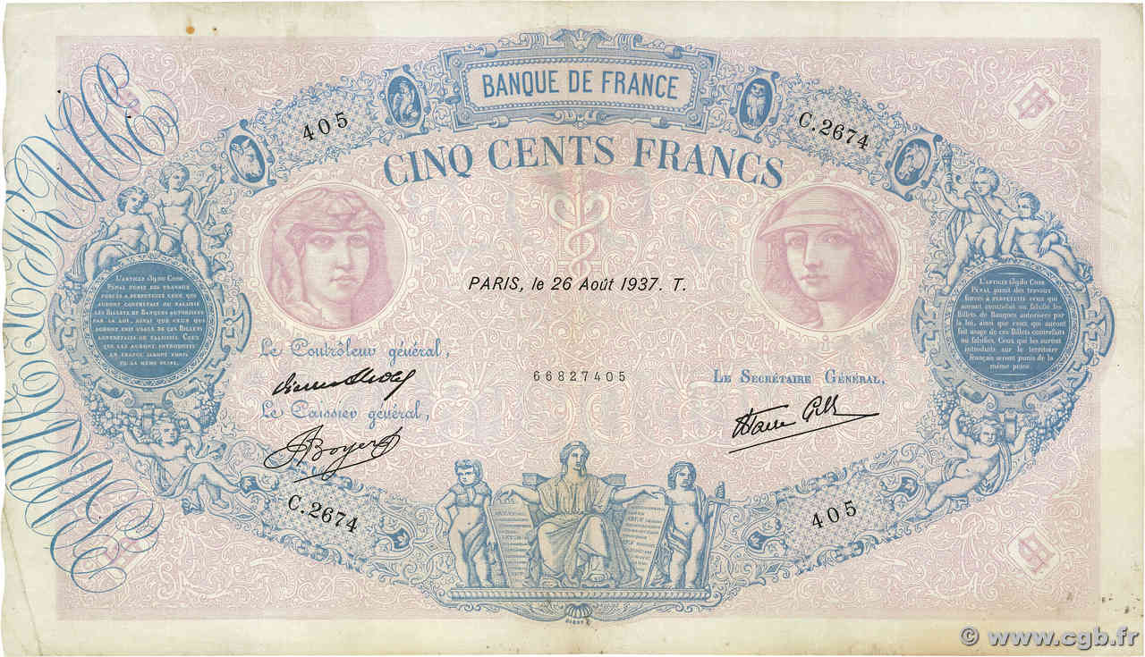 500 Francs BLEU ET ROSE modifié FRANCIA  1937 F.31.02 BC+