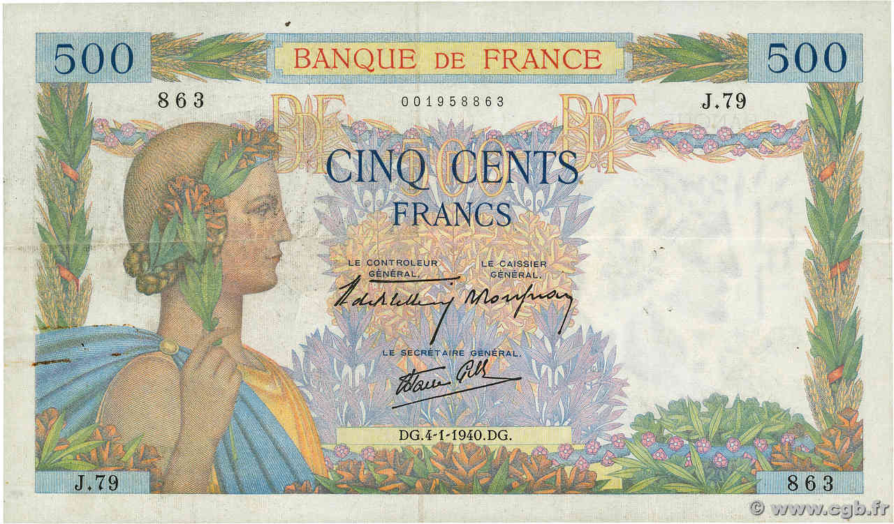 500 Francs LA PAIX FRANCE  1940 F.32.01 VF