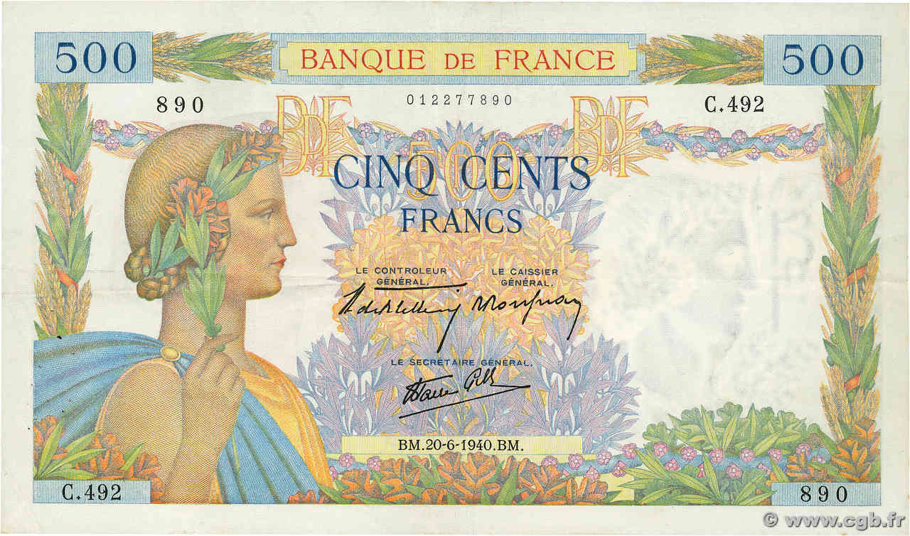 500 Francs LA PAIX FRANCE  1940 F.32.03 TTB+