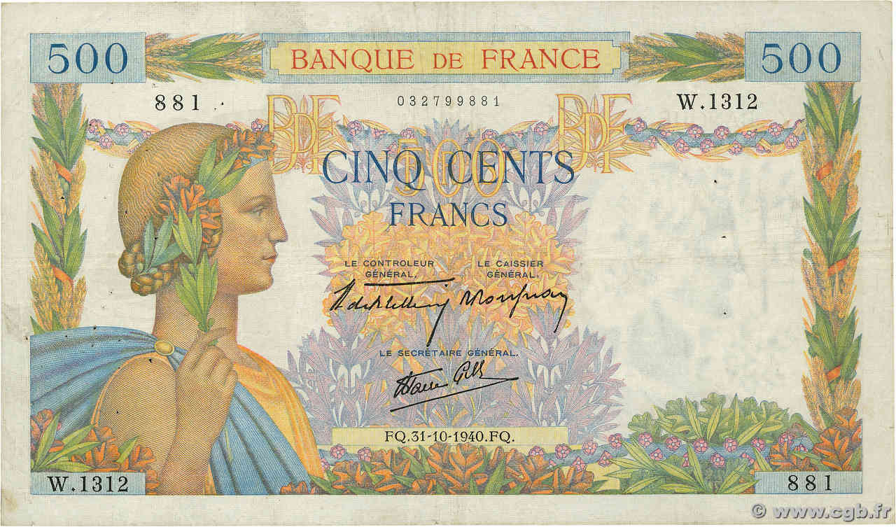 500 Francs LA PAIX FRANCE  1940 F.32.08 pr.TTB