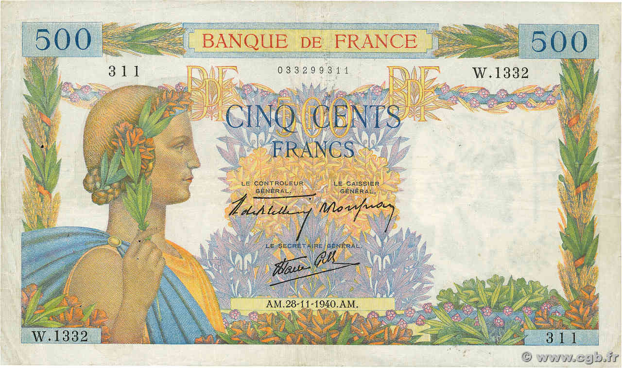 500 Francs LA PAIX FRANCE  1940 F.32.09 pr.TTB