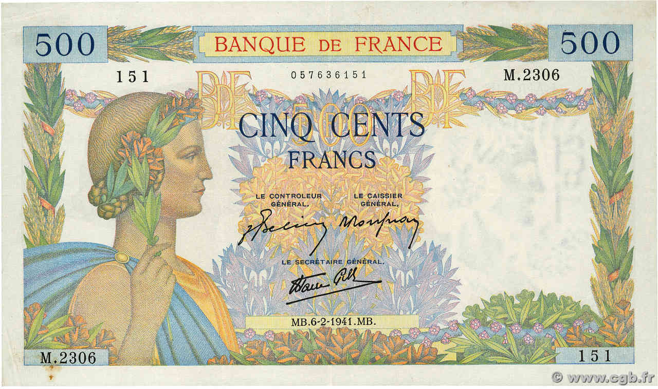500 Francs LA PAIX FRANCE  1941 F.32.14 VF+