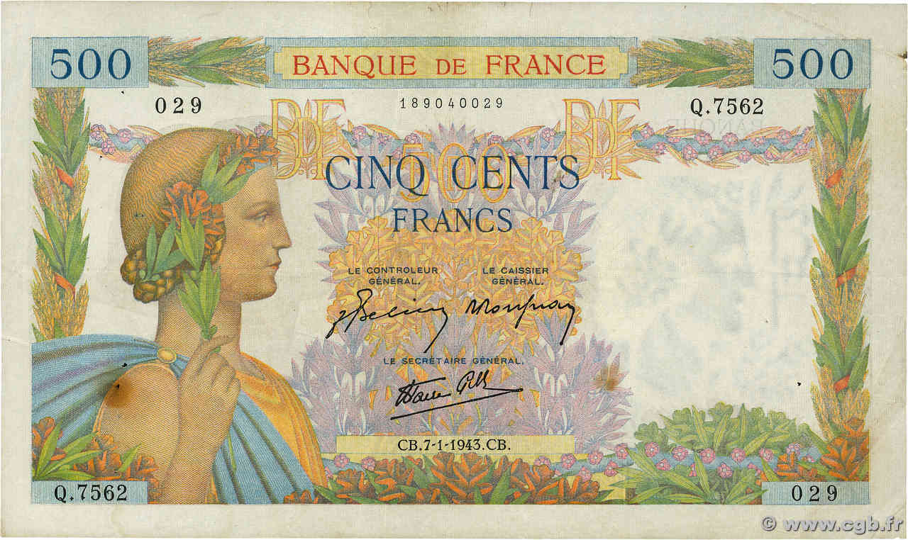 500 Francs LA PAIX FRANKREICH  1943 F.32.44 SS