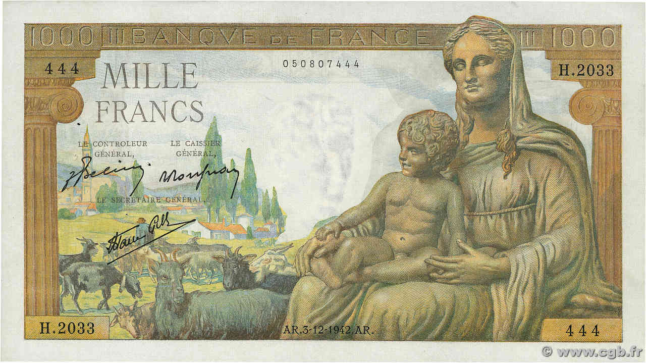 1000 Francs DÉESSE DÉMÉTER FRANCE  1942 F.40.12 XF-