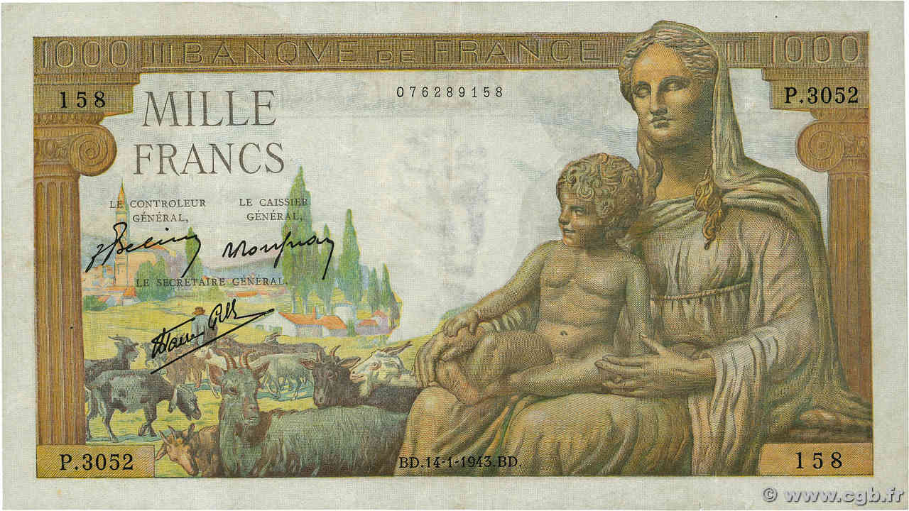 1000 Francs DÉESSE DÉMÉTER FRANCE  1943 F.40.16 TTB