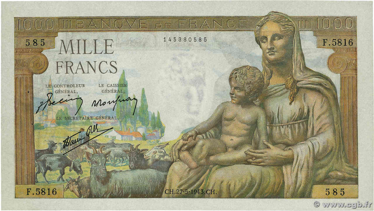 1000 Francs DÉESSE DÉMÉTER FRANKREICH  1943 F.40.25 fST