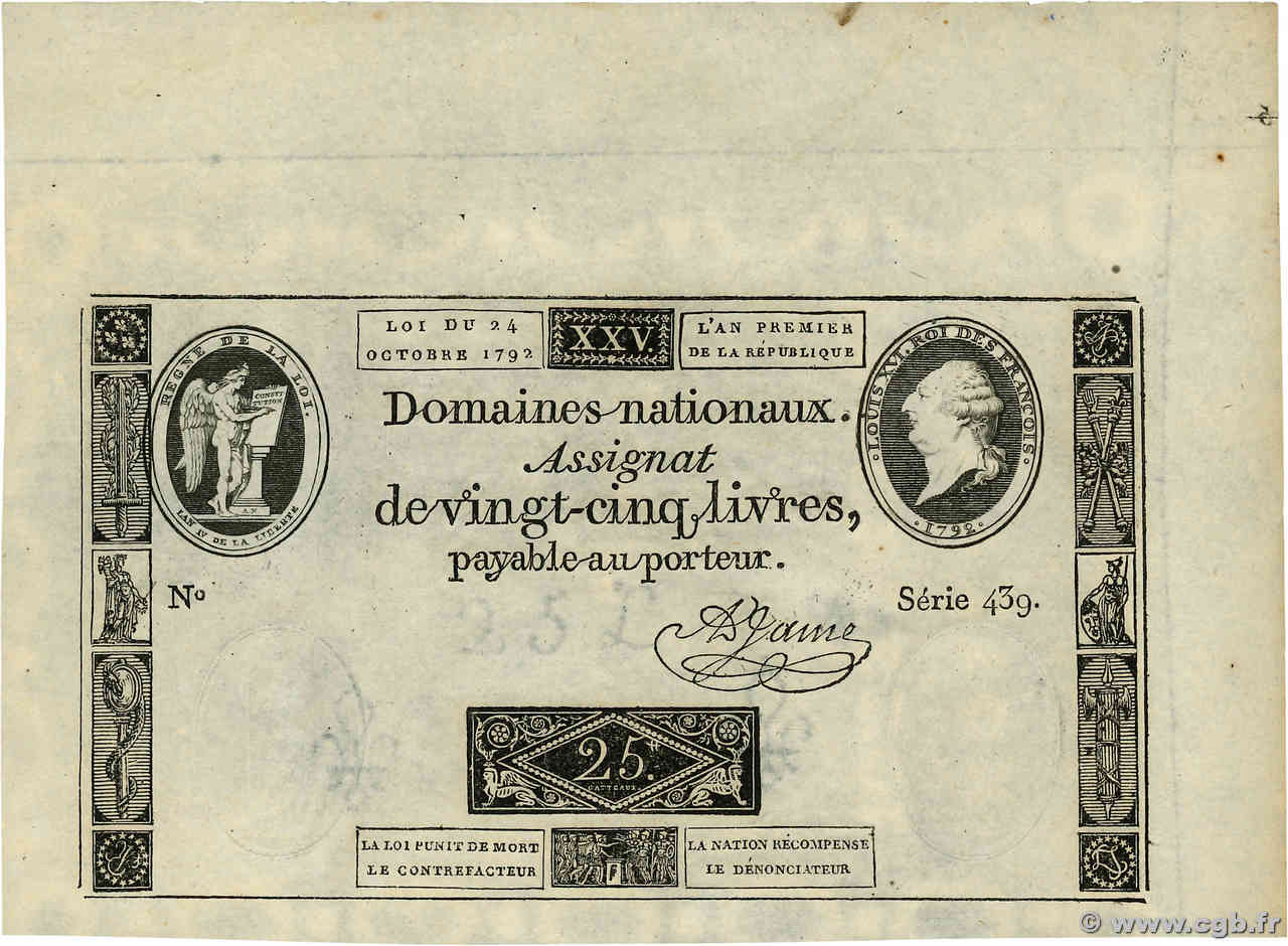 25 Livres FRANCIA  1792 Ass.37a q.FDC