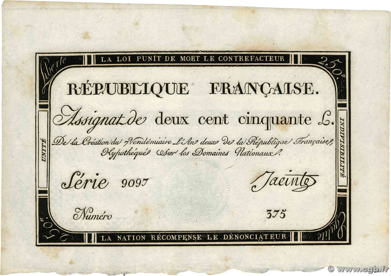 250 Livres FRANCE  1793 Ass.45a pr.NEUF