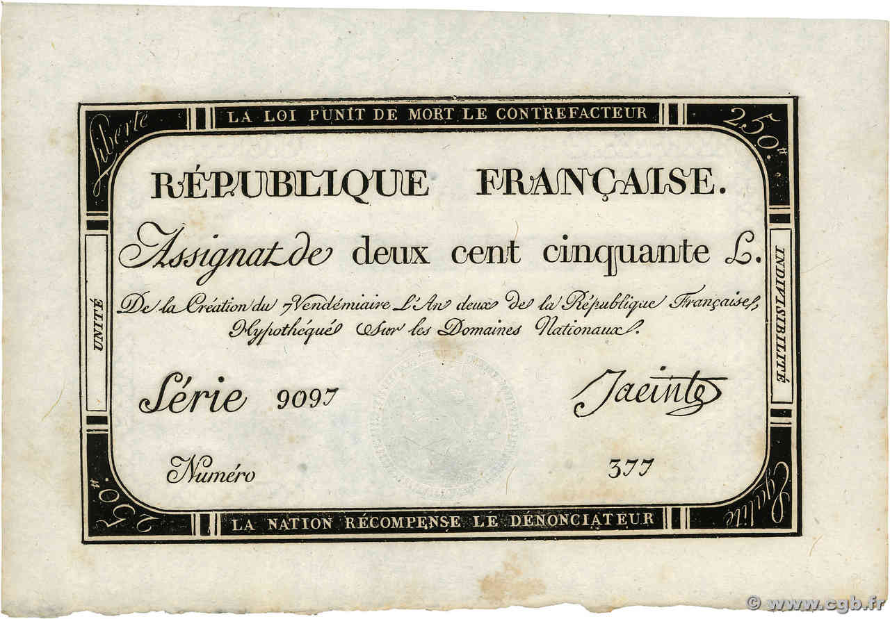 250 Livres FRANCIA  1793 Ass.45a q.FDC