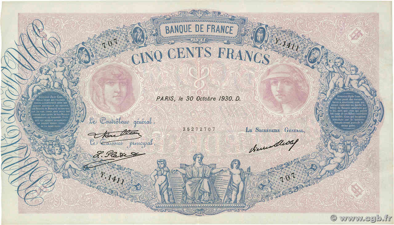 500 Francs BLEU ET ROSE Numéro radar FRANKREICH  1930 F.30.33 fVZ