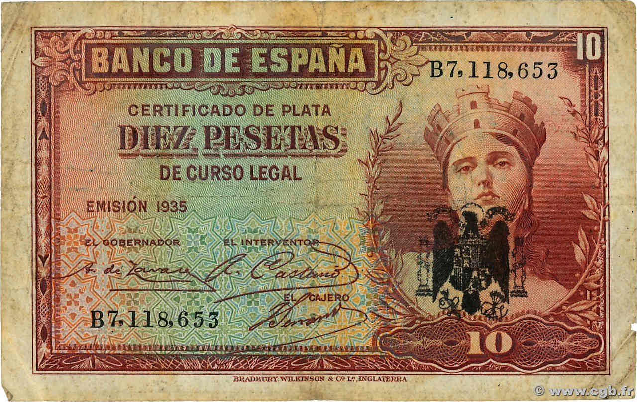 10 Pesetas ESPAGNE  1935 P.086 TB