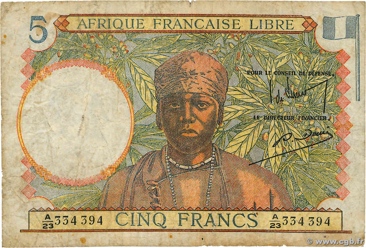 5 Francs FRENCH EQUATORIAL AFRICA Duala 1941 P.06a VG