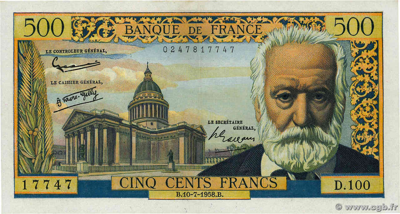 500 Francs VICTOR HUGO FRANCE  1958 F.35.09 XF+