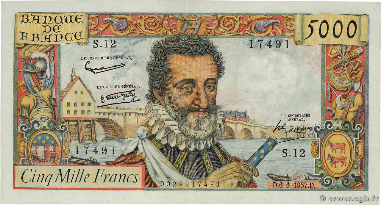 5000 Francs HENRI IV FRANCE  1957 F.49.02 XF