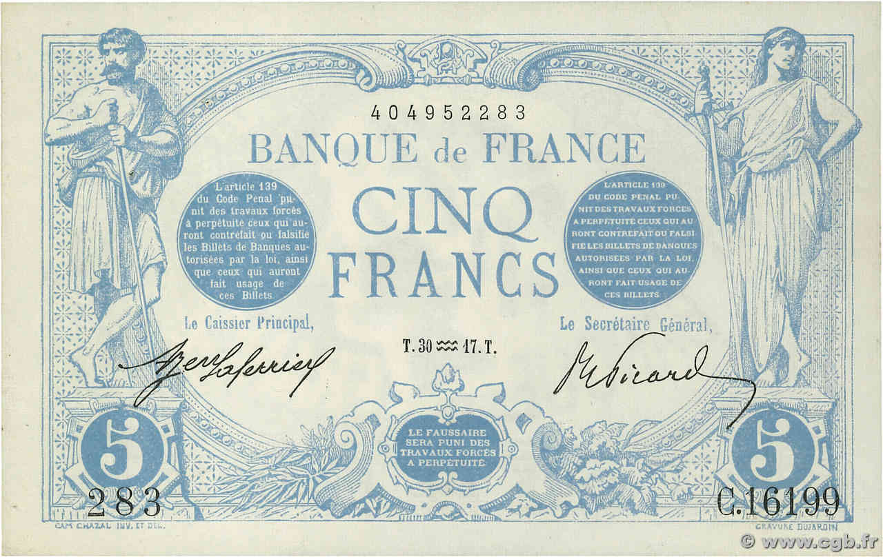 5 Francs BLEU FRANKREICH  1917 F.02.47 VZ+