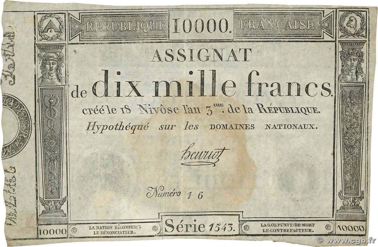 10000 Francs FRANCE  1795 Ass.52a F