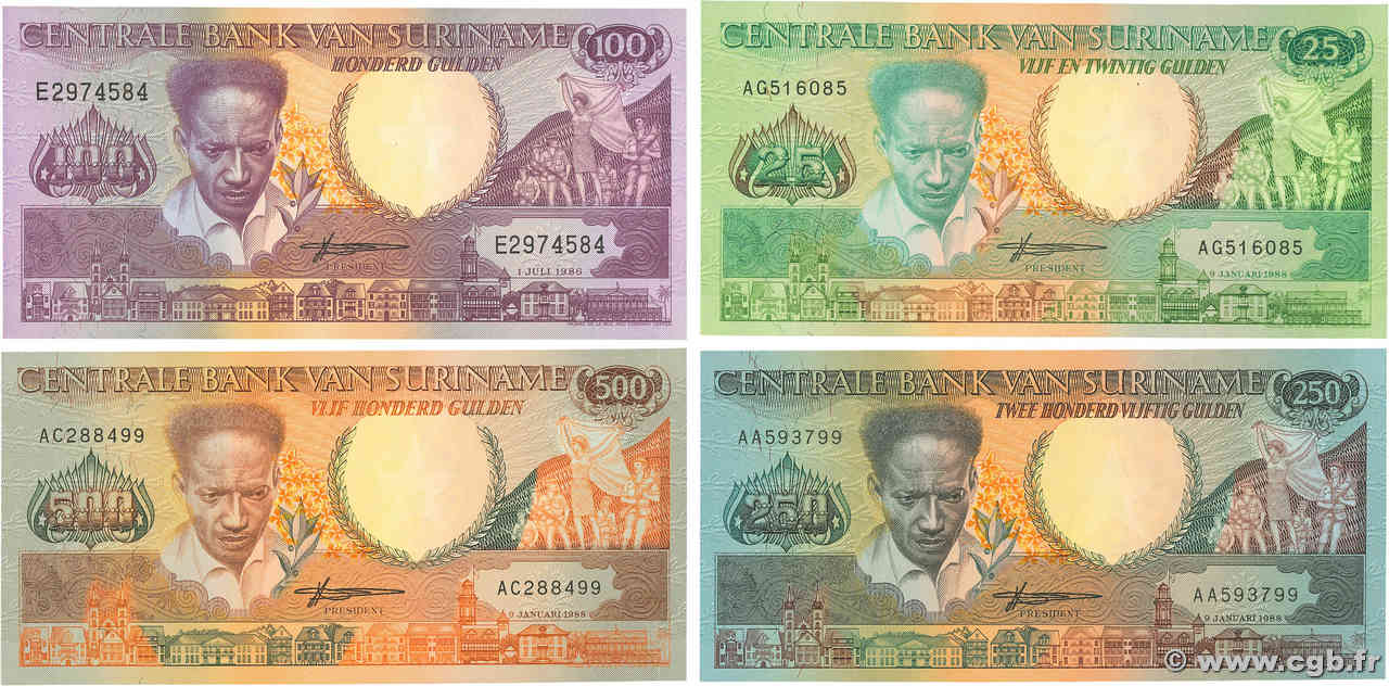25, 100, 250 et 500 Gulden Lot SURINAM  1988  P.132 au P.135 NEUF