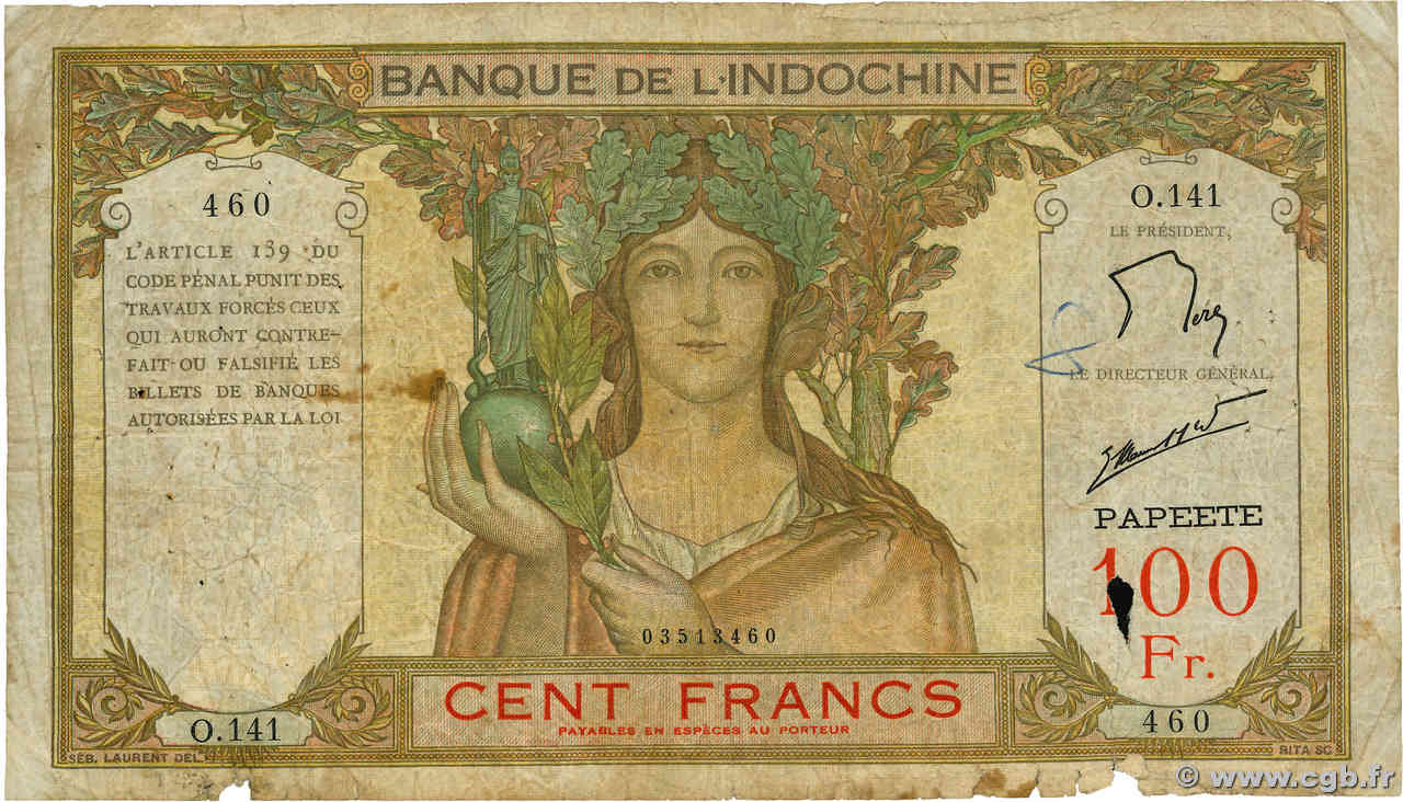 100 Francs TAHITI  1961 P.14d B