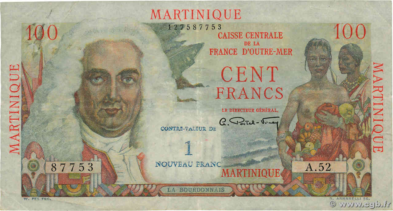 1 NF sur 100 Francs La Bourdonnais MARTINIQUE  1960 P.37 pr.TTB