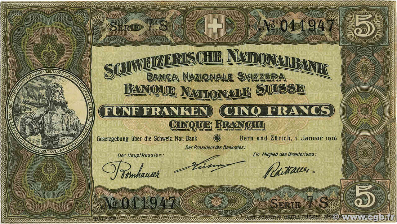 5 Francs SWITZERLAND  1916 P.11c VF