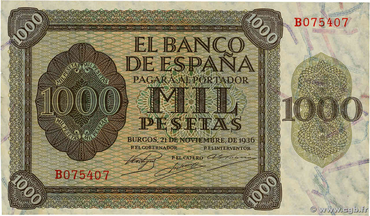 1000 Pesetas SPAIN  1936 P.103a VF