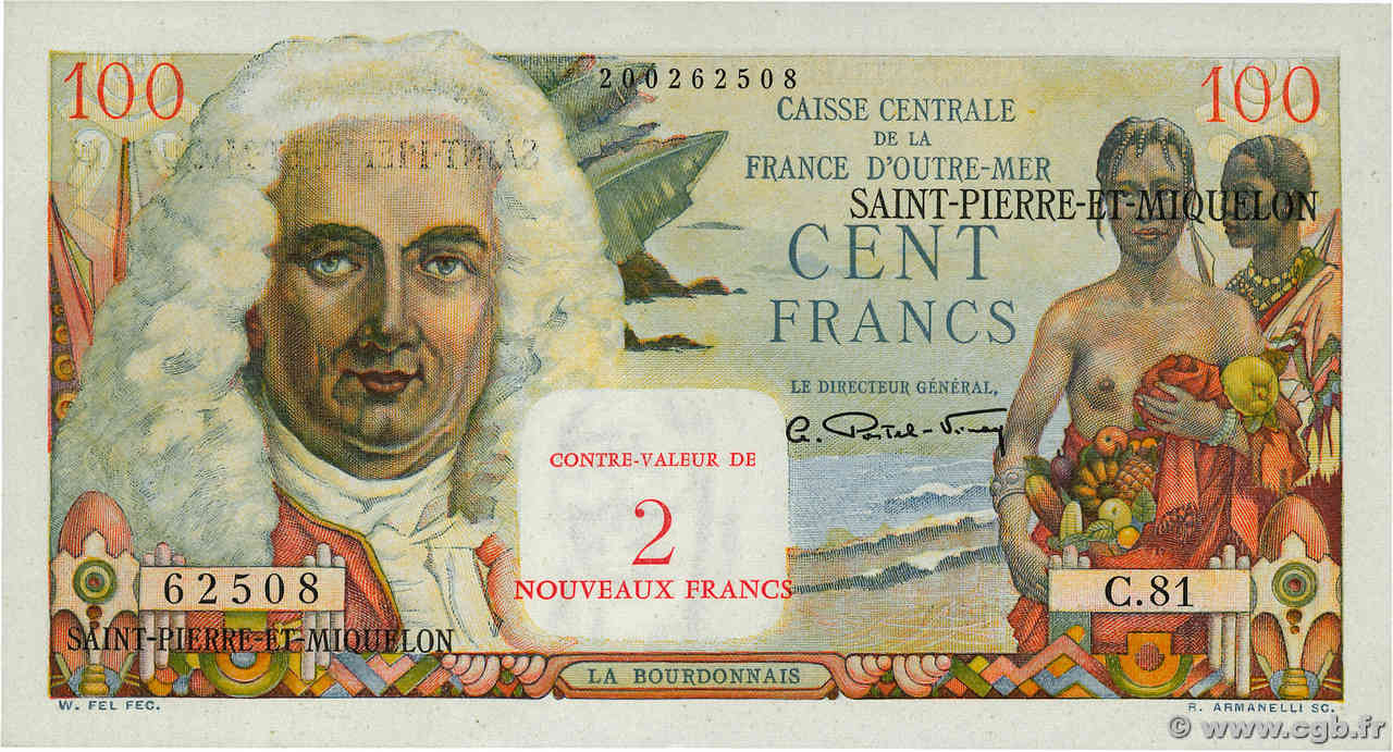 2 NF sur 100 Francs La Bourdonnais SAN PEDRO Y MIGUELóN  1960 P.32 SC+