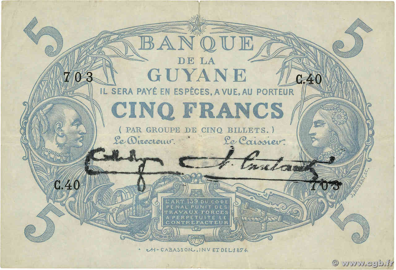 5 Francs Cabasson bleu FRENCH GUIANA  1942 P.01d MBC
