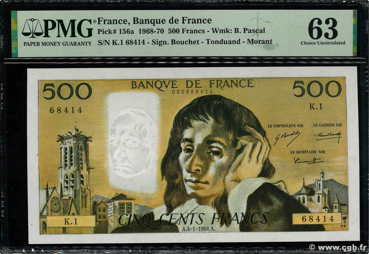 500 Francs PASCAL FRANKREICH  1968 F.71.01 fST+