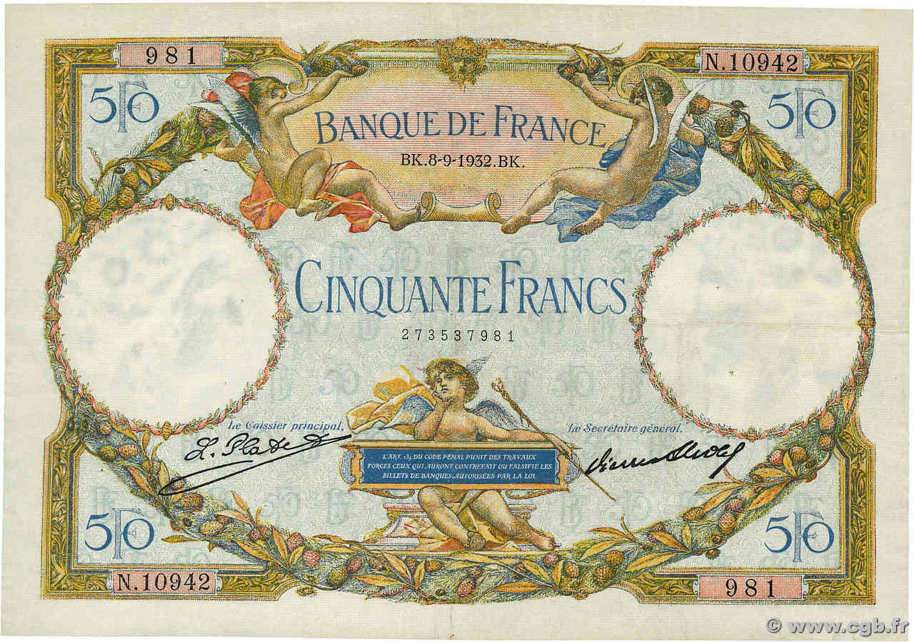 50 Francs LUC OLIVIER MERSON type modifié FRANKREICH  1932 F.16.03 SS