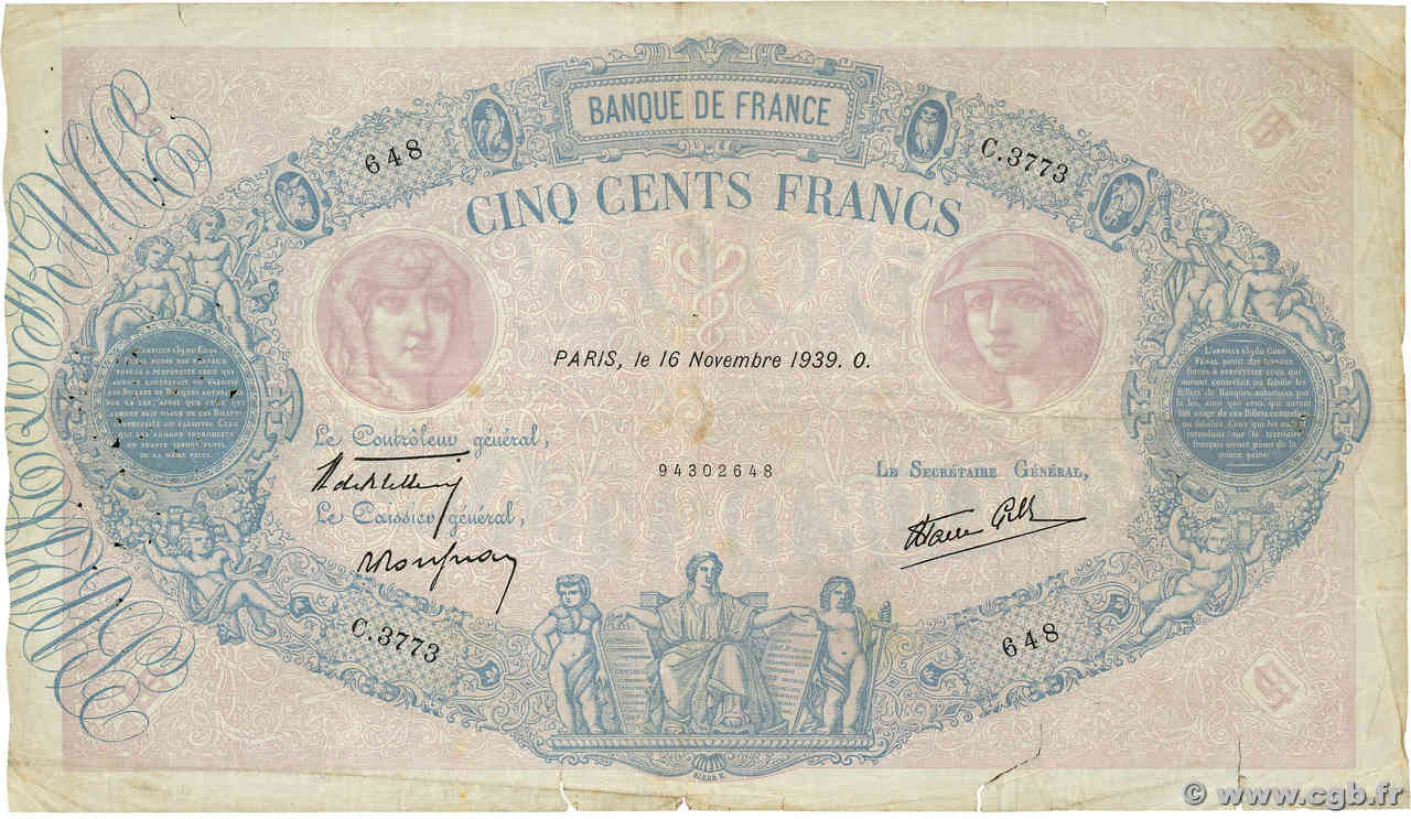 500 Francs BLEU ET ROSE modifié FRANCE  1939 F.31.48 TB