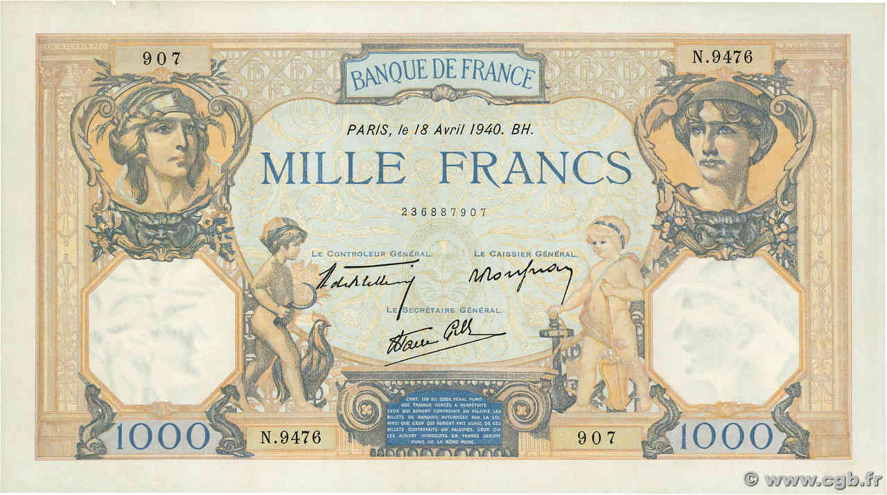 1000 Francs CÉRÈS ET MERCURE type modifié FRANCE  1940 F.38.46 TTB