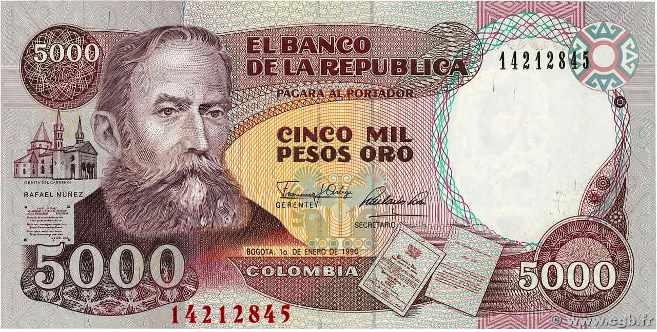 5000 Pesos Oro KOLUMBIEN  1990 P.436 ST