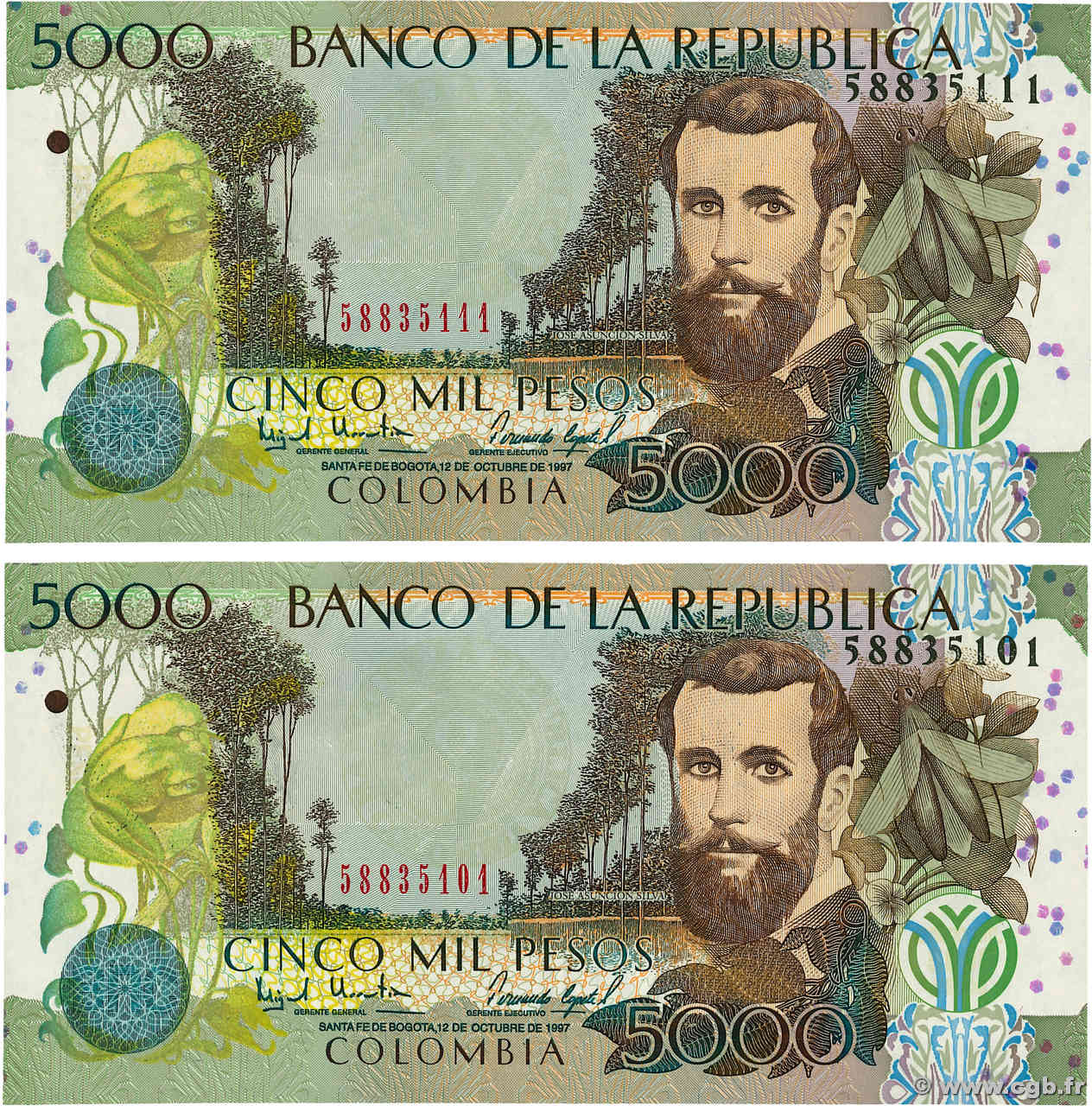 5000 Pesos Lot COLOMBIA  1997 P.447a SC+