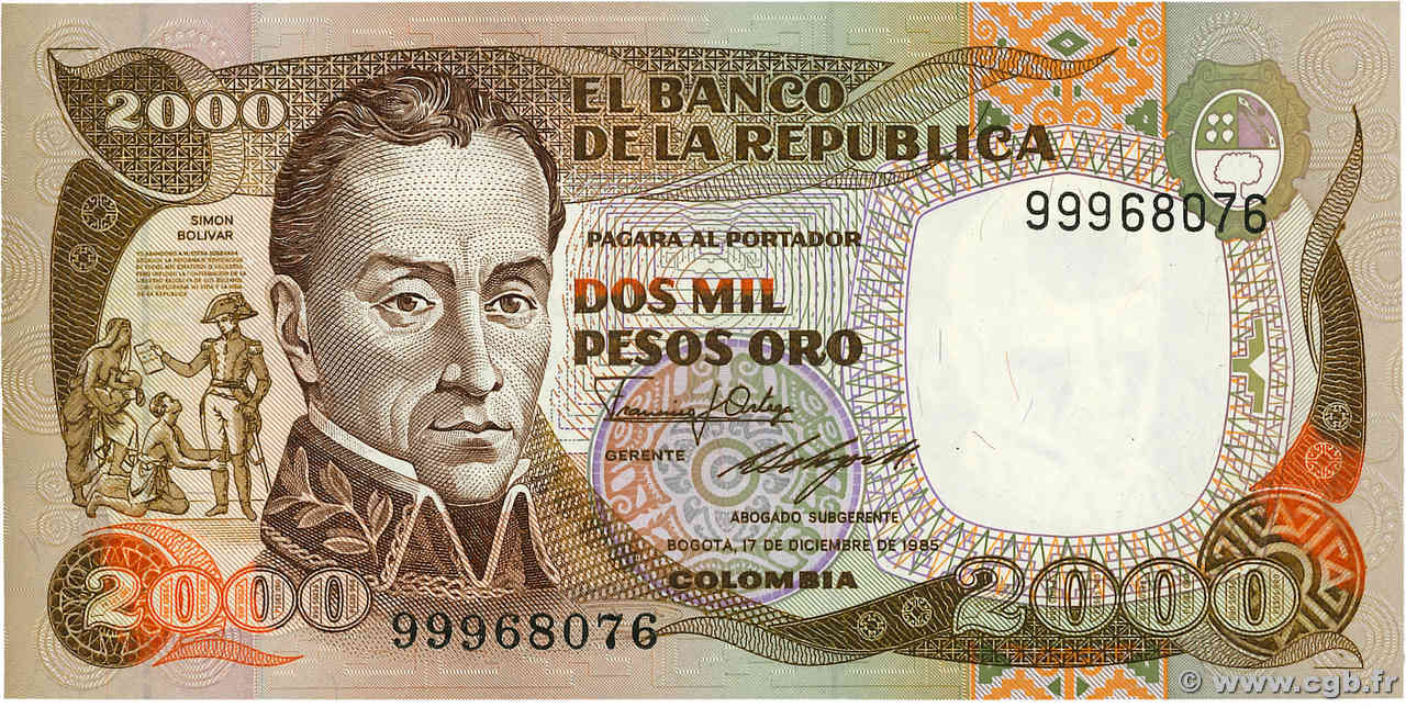 2000 Pesos Oro COLOMBIA  1985 P.430c UNC