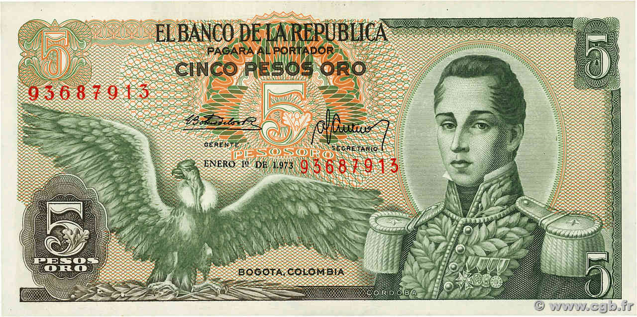 5 Pesos Oro COLOMBIA  1973 P.406e SC+