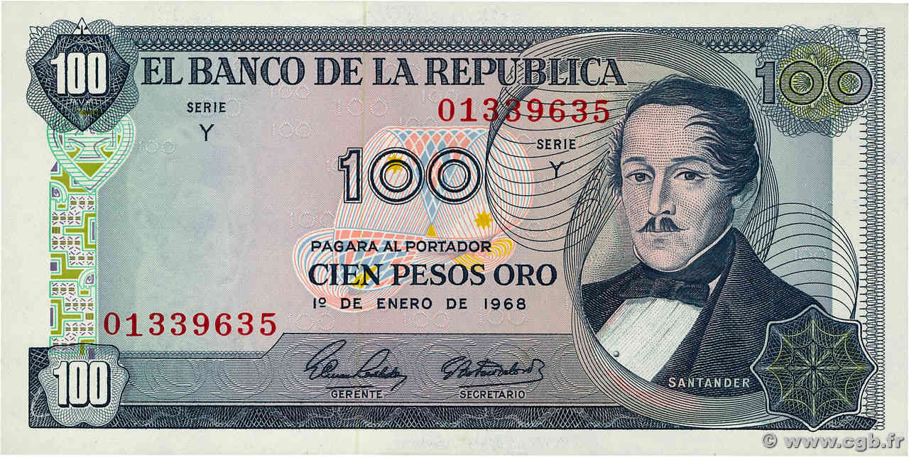 100 Pesos Oro COLOMBIA  1971 P.410c SC+