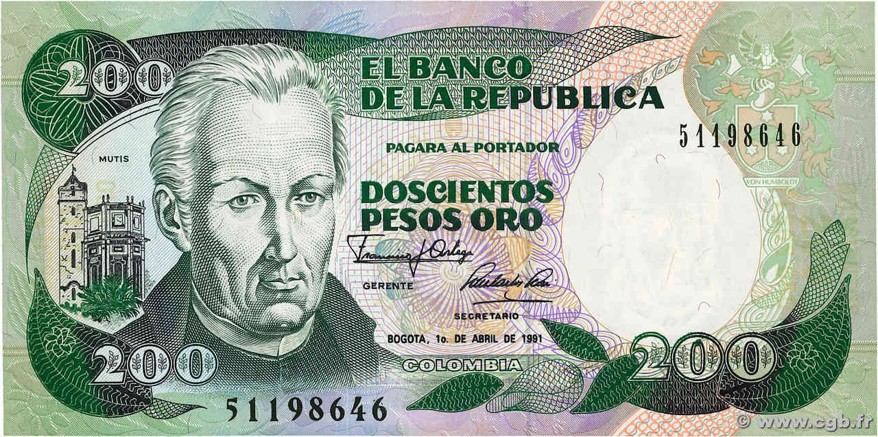 200 Pesos Oro KOLUMBIEN  1989 P.429 fST+