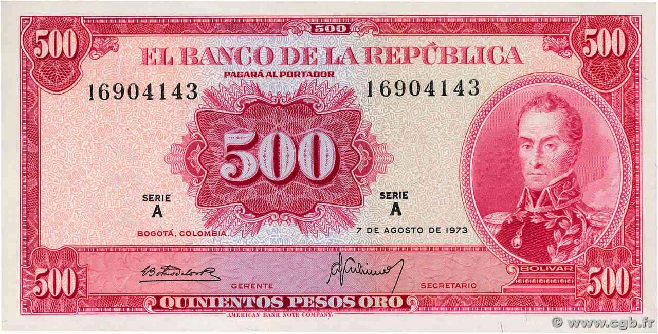 500 Pesos Oro COLOMBIA  1973 P.416 SC+