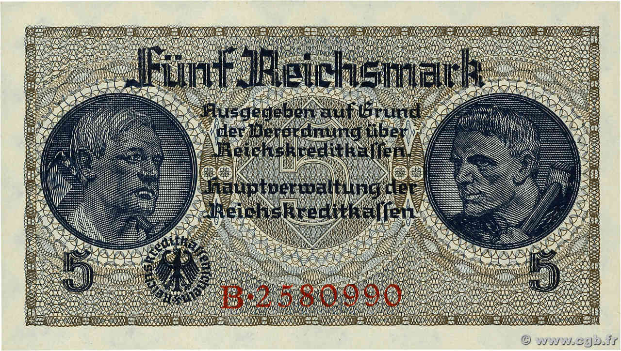 5 Reichsmark GERMANY  1940 P.R138a UNC